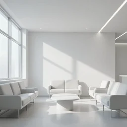 a corporate waiting room, liminal, surreal, mostly white color scheme