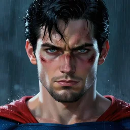 a 4 0 year old superman with beard and intense eyes, scarred, wet, raining, close up, rim lighting, portrait, sinister atmospheric lighting. highly detailed painting by greg rutkowski, anime style