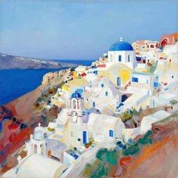 abstract gouache, painting, pastel colours, seaside greek town of santorini on a hill, by matisse, gary hume, stanisław szukalski, society 6