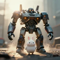 a 3 5 mm photo from the front of a giant mecha armored war delorean robot as chubby cute rabbit walking in the waporware, splash art, movie still, bokeh, canon 5 0 mm, cinematic lighting, dramatic, film, photography, golden hour, depth of field, award - winning, anamorphic lens flare, backlighting, overcast, 8 k, hyper detailed, 3 5 mm film grain