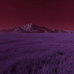 artists rendering of the surface of planet X-305-W, the sky is a deep maroon, the grass is purple, and the mountains tower above you
