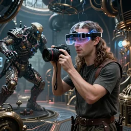 Cyberpunk Mark Zuckerberg as a long haired medieval photographer wearing a transparent futuristic VR helmet while fighting a cyborg  inside  a Steampunk spaceship, by Diego Velázquez