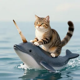 a cat riding a narwhal.
