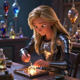 animation still frame of an attractive female glassmaker ( long dark blond hair ) crafting an armor, high angle closeup portrait, ( ( wholesome, ) ) blurry background of the glassware of a highend workship, disney, pixar, bloom, medium shot, waist up, dramatic lighting, in the style of studio ghibli, j. c. leyendecker