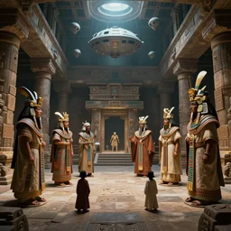 Pacal Voltan and Aztec priests meeting aliens in a spacecraft as an ancient Aztec temple. 8K Highly detailed fantasy artwork by Greg Rutkowski. Trending on artstation