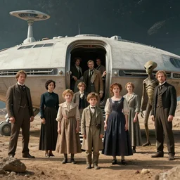 sharp, 70mm still from a sci fi blockbuster color movie made in 2022, set in 1860, of a family leaving a spaceship that has just landed on an alien planet, a humanoid alien creature stands nearby, the family are wearing 1850s era clothes, 4k, in focus, extremely good quality lighting, good quality photography, a list cast, famous actors, famous actresses, oscar winner