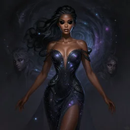 a highly detailed illustration of beautiful black hole woman wearing cosmic dress with black hole eyes, dramatic elegant pose, art by artgerm and greg rutowski and ilya kuvshinov, intricate, elegant, highly detailed, centered, digital painting, artstation, concept art, smooth, sharp focus, league of legends concept art, wlop.