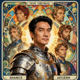 head and shoulders portrait of zhang ziyi in armour, by eve ventrue, michael carson, andreas rochas, john watkiss, casey weldon, artgerm. art nouveau. tarot card by mucha. gloomhaven. swirly intricate linework background. gaudy colors, sharp edges. octane render