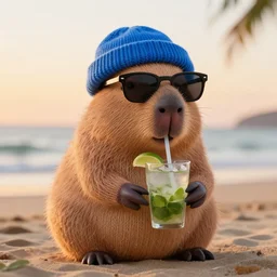 a photorealistic photograph of a knitted cute Capybara wearing sunglasses and dressed in a blue beanie cap. Furthermore, the Capybara is sipping out of a refreshing Mojito drink at the beach during sunset. The image is Trending on Artstation, featured on Behance, well-rendered, fine detail, extra crisp image, Unreal Engine, 4K HD