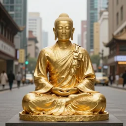 a monk made of solid gold meditating in the city of gold, hyper realistic, 4k