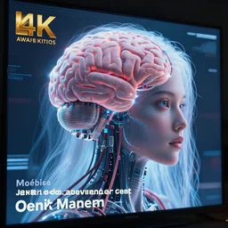 digital screen displaying a cybernetic brain hooked up with wires, style of moebius, james jean, mcbess, long glowing ethereal hair, cinematic, highly detailed, award winning, 8 k photorealistic