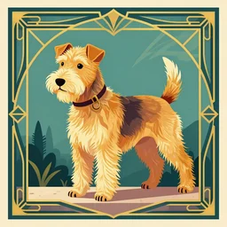 retro poster with a painting of a blond terrier standing on a wall, an art deco painting by tom whalen, trending on behance, art deco, digital illustration, storybook illustration, art deco, flat shading, vector art, airbrush