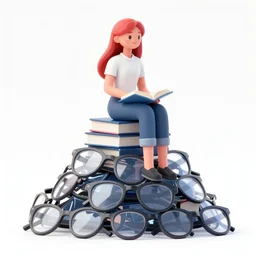 a tall woman with book hair and red sits on top of a young pile of glasses. clean pretty cartoon painting, cel shaded vector art, beautiful detailed face.