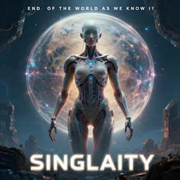 Transhumanist propaganda poster for the end of the world as we know it, artificial life, singularity, 8k, trending on artstation, masterpiece, highly detailed, establishing shot.