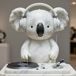 a marble statue of a koala dj in front of a marble statue of a turntable. the koala has wearing large marble headphones.