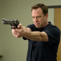 film still of michael scott aiming a pistol, 8 k,