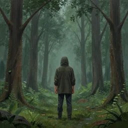 A painting of a person standing in the rain surrounded by trees, a digital rendering by Gediminas Pranckevicius, Deviantart, digital art, 2D game art, detailed painting