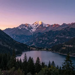 breathtaking himalayan landscape, pastel sunset, lake, pine trees, last light on mountain top, dreamy colors, photorealistic, landscape photography, beautiful, 4 k, trending on artstation, serene, bliss