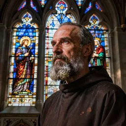 double exposure of a close - up high resolution photo of a bearded benedictine monk blending into a beautiful stained glass window in the style of true detective
