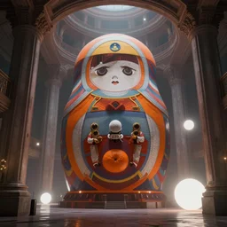 the depths of a tangerine colored matrioshka world, large pillars holding up an artificial ceiling, photorealistic imax quality, artstation front page, high brutalist architecture, misty environment, ominous white diffuse orbs of light, alan bean influences
