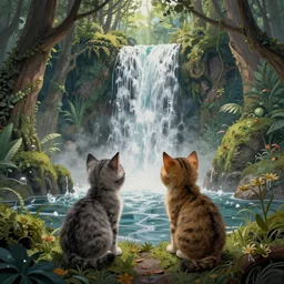 two kittens watching the waterfall in the enchanted forest, fantasy, intricate, extremely detailed, matte, artstation, art by greg rutkowski, louis wain, alan lee