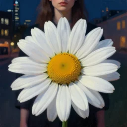 closeup, large daisy flower head, woman in modern city, surreal photography, night light, dark, impressionist painting, digital painting, artstation, simon stalenhag