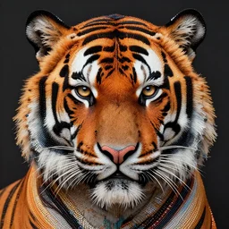 portrait tiger face, a tiger cyberpunk detailed, sci - fi tiger, intricately detailed, hyper realism, by yuko shimizu, by raja ravi varma, behance, deviant art, wiccan, photo illustration, made of beads and yarn, by kahlo