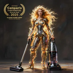 a photograph of a human-vacuum cleaner hybrid creature