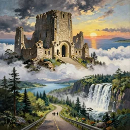 painting by sargent and leyendecker and greg hildebrandt, james gurney, apollinaris vasnetsov, savrasov levitan polenov, studio ghibly style mononoke, huge old ruins giovanni paolo panini, middle earth above the layered low clouds waterfall road between forests big lake wide river trees sunrise sea bay view faroe azores overcast storm masterpiece