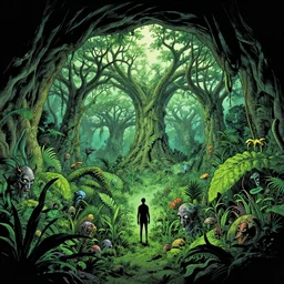 underground cave on an exotic alien planet with a jungle canopy of antler trees in the background, leafy overgrowth, insectile weeds, demon faces, by ian miller, rodney matthews and al feldstein