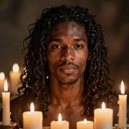 A black man with long curly hair, made of candles, beautiful realistic artwork on artstation