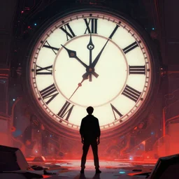 a man standing in front of a giant clock, cyberpunk art by Kuno Veeber, cgsociety, fantasy art, fractalism, redshift, dystopian art