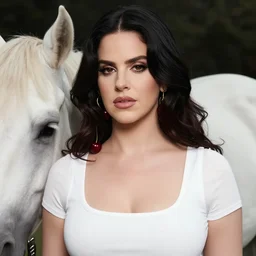 portrait of lana del rey, beautiful, cherries, white mustang