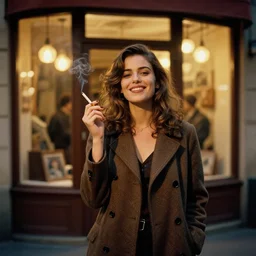standing portrait of ecstatic mila kunis looking into the camera standing smoking a cigarette, warm street lights store front, 1 9 6 0 s, intricate, moody, personal, highly detailed, short focus depth, donato giancola, joseph christian leyendecker, frank frazetta, alex horley, ralph horsley, michael whelan, nikon d 8 1 0, f / 2. 5, focal length : 8 5. 0 mm