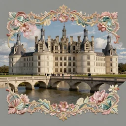 an elaborate architecture castle along a river. people on a bridge. mixed media collage, victorian baroque embroidery rich fabric textures, shiny pastel tones. matte background. HD 8x