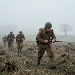 a high fantasy WW1 soldier charging across a foggy no mans land