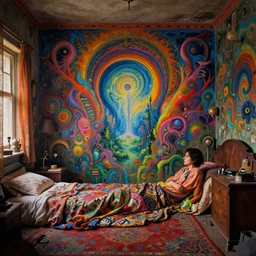 A psychedelic portrait of in the grungy bedroom, portals are not as mystic as you may think , vibrant color scheme, highly detailed, in the style of romanticism, cinematic, artstation, Moebius, Greg rutkowski futurism, no blur, 4k resolution, sharp ages, ultra detailed, style of John Berkey, Norman Rockwell, Hans Thoma, Ivan Shishkin, Tyler Edlin, Thomas Kinkad