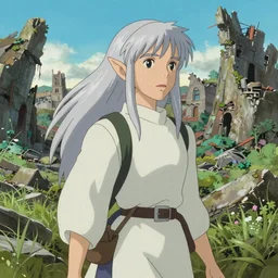 Portrait of a silver-haired elf woman strolling through the remains of a city reclaimed by nature, Ilya Kuvshinov face, highly detailed, cel shading, digital painting, anime key visual, Hayao Miyazaki, Krenz Cushart