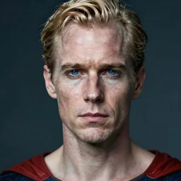 photograph of a blond male, middle aged balding superhero, with dark blue eyes and very pale skin