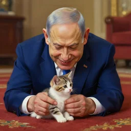 benjamin netanyahu smiling blushing while playing with a kitten on a carpet, lying on carpet, rich colors, warm, sharp, highly detailed, digital painting