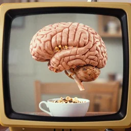 vintage television commercial for cereal, double exposure, all of the world's brain knowledge in one brain, by bruce gilden