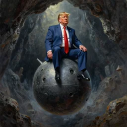 tdonald trump sitting on atomic bomb in the sky , very textured detailed  panoramic oil painting by beksinski , hard backlight , in dark cave