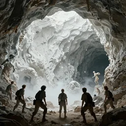 miners find a huge strange shining white wall deep down underground, movie poster with mystical feeling, beautiful detail, cinematic scene, art by john collier and albert aublet and krenz cushart and artem demura and alphonse mucha, volumetric lighting, octane render, 4 k resolution, matte, sharp focus, illustration, art by jacque - louis david, baroque style