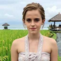 emma watson wearing kebaya bali in bali. temple lake, rice field ocean. front view. instagram closeup holiday photo shoot, perfect faces, beautiful