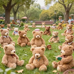 a park full of teddy bears doing all sorts of things.