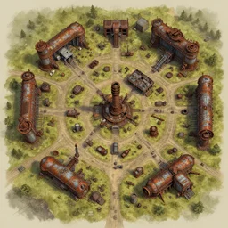 handpainted top down overhead bird's eye view!!! | | ruined, rusted dieselpunk supply depot virtual tabletop encounter map, by greg rutkowski, trending on artstation, r / battlemaps