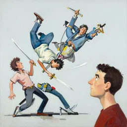 greg manchess of people tripping and falling over swords, profile picture, organic painting, sunny day, matte painting, bold shapes, hard edges, street art, trending on artstation, by huang guangjian, gil elvgren, ruan jia, randy vargas, greg rutkowski