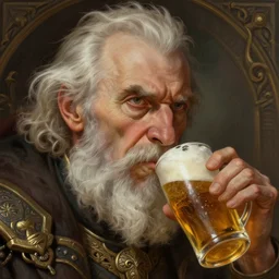 detailed vision of an old man frowning as he drinks a beer, deep focus, d & d, fantasy, intricate, elegant, highly detailed, digital painting, artstation, concept art, matte, sharp focus, illustration, hearthstone, art by artgerm and greg rutkowski and alphonse mucha