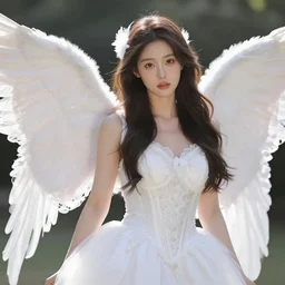 photograph of a real-life beautiful angelic woman with ornate white dress .  Extremely detailed. 8k