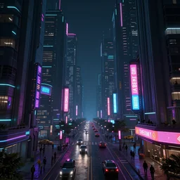 a magnificent dark neon futuristic cyberpunk city bustling street at night rendered in octane, 3 d render, trending on cgsociety, blender 3 d